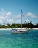 A shot of Runaway, a Pearson 365, at Manjack Cay in the Abacos
