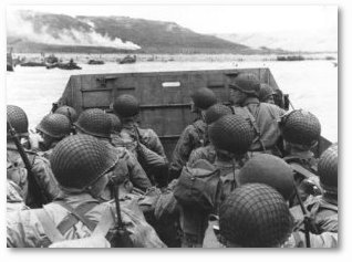 Troops in a landing craft approaching Omaha Beach
