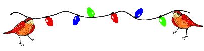 two birds holding a string of blinking lights