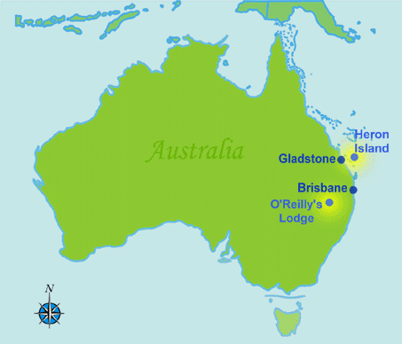 Map of Australia.  The yellow highlights show our destinations.