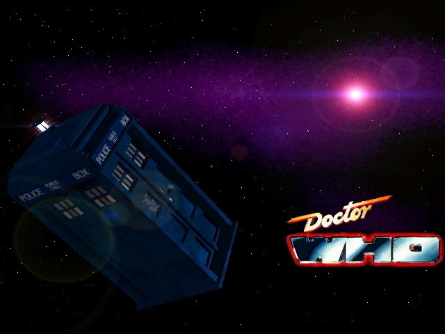 The TARDIS is in space near a large pinkish red pulsar