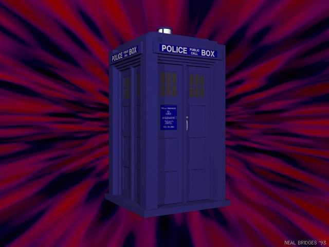 The TARDIS in a red-and-black temporal vortex