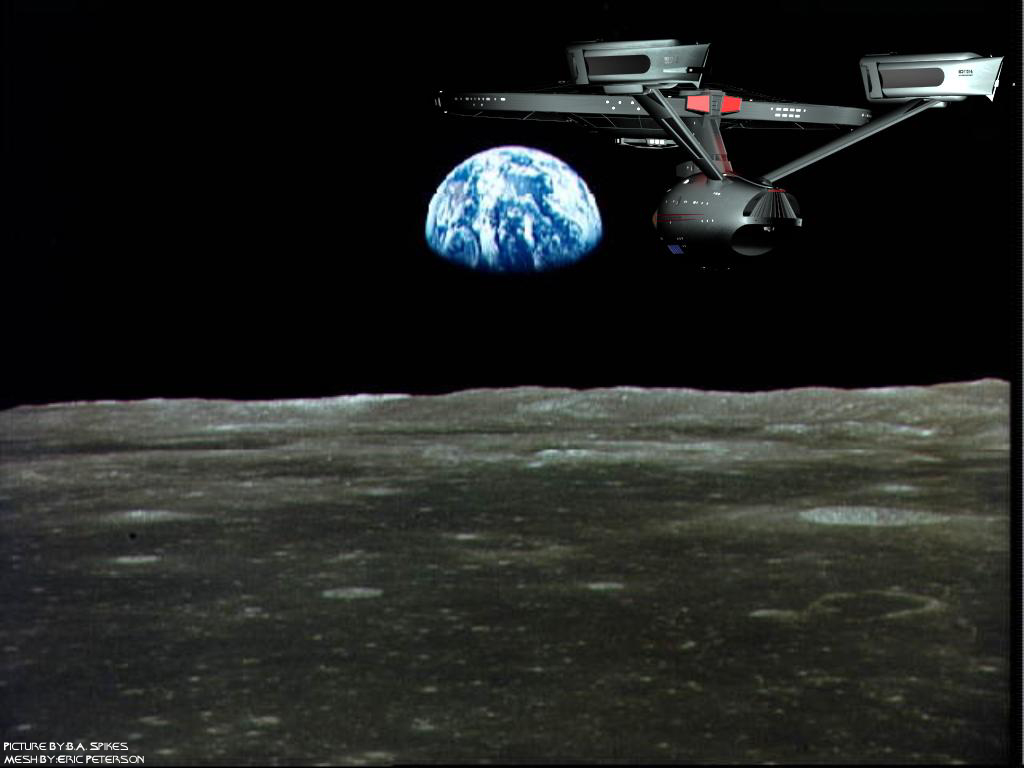 The USS Enterprise is over the lunar surface and is approaching Earth