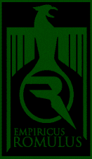 A dark green-and-black Romulan Empire symbol from the Original Series. It depicts a large bird branching its wings on either side with a letter R within a circle below, and printed at the bottom are the words: Empiricus Romulus. It has a green border.