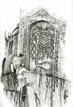 "La llamada" por Juan Raffo (inspirado en la escena del relato de H. P. Lovecraft "El llamado de Cthulhu" (The Call of Cthulhu, 1927) que constituye un hito dentro de los mitos