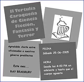Atractiva convocatoria a la segunda tertulia de Ciencia Ficcin, Fantasa y Terror. Diseo por Susana Sussmann