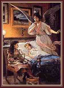 Classic oil painting of an Angel overlooking an ill person in bed while a young girl sits nearby.