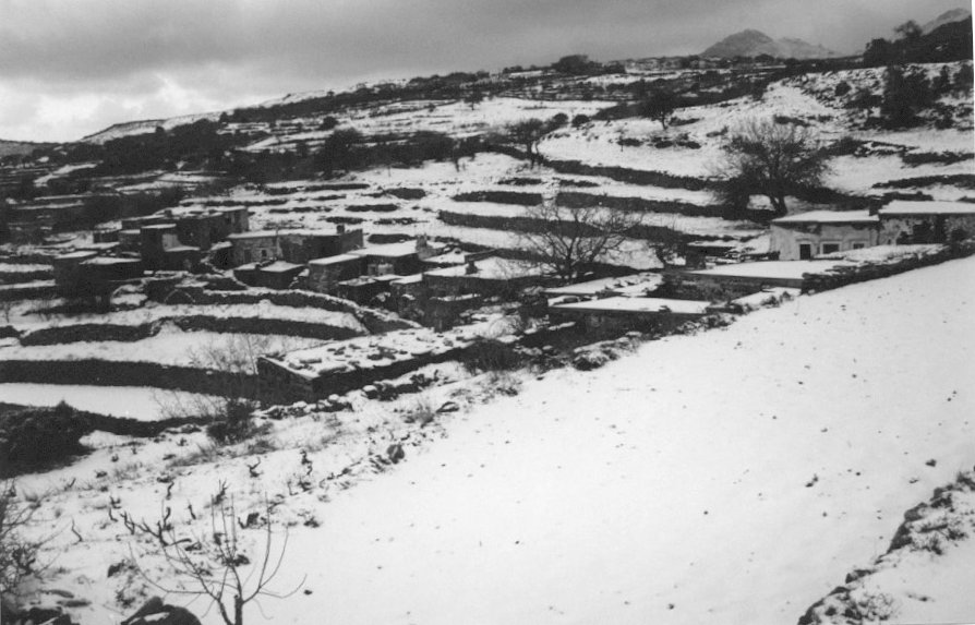 Χιονισμένο τοπίο στον εγκαταλλειμένο από τον Β' Παγκόσμιο Πόλεμο οικισμό Σίφωνες σε υψόμετρο 500μ. στις ΒΔ υπώρειες του όρους Φανάρη. Οι Σίφωνες είναι ένας από τους τρεις διατηρούμενους εγκαταλλειμένους οικισμούς στη Νάξο. Στα ορεινά του νησιού σχεδόν κάθε χρόνο χιονίζει για μερικές μέρες.