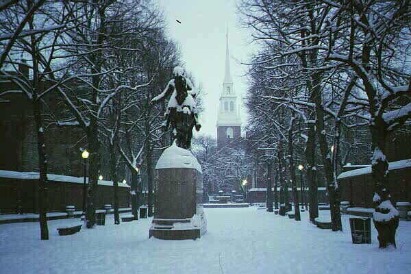 Statue of Paul Revere in Boston's North End after a winter storm