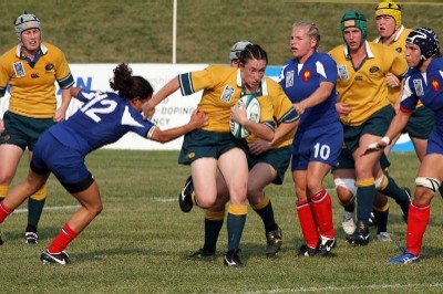 Tricia Brown splits the French midfield at full pace.