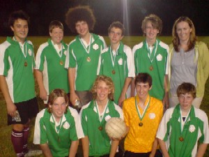 Inaugural semi final team 06/12/07: Back row � Tom Kan, Andrew Pullar, Malcolm Gill, Gareth Maclean, Aidan Waldron, coach Jacqueline Peacock; Front row - Joe Moloney, Aaron Gibson, Harold Peacock, Callum Monks
