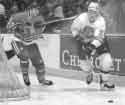 B/W Lumme behind net vs. Blackhawks