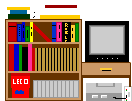 tv, bookshelves, n64