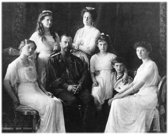 L to R: Olga, Maria, Nicholas, Alexandra, Anastasia, Alexei, & Tatiana, 1913