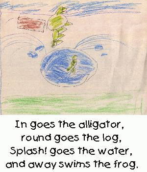 In goes the alligator, round goes the log, Splash! goes the water, and away swims the frog.