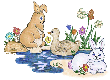 bunnies and duck in a pond