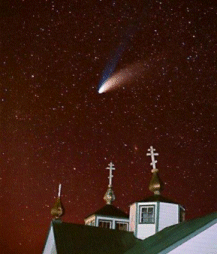 Hale Bopp comet shown brightly over the Russian Church in Ninilchik.
