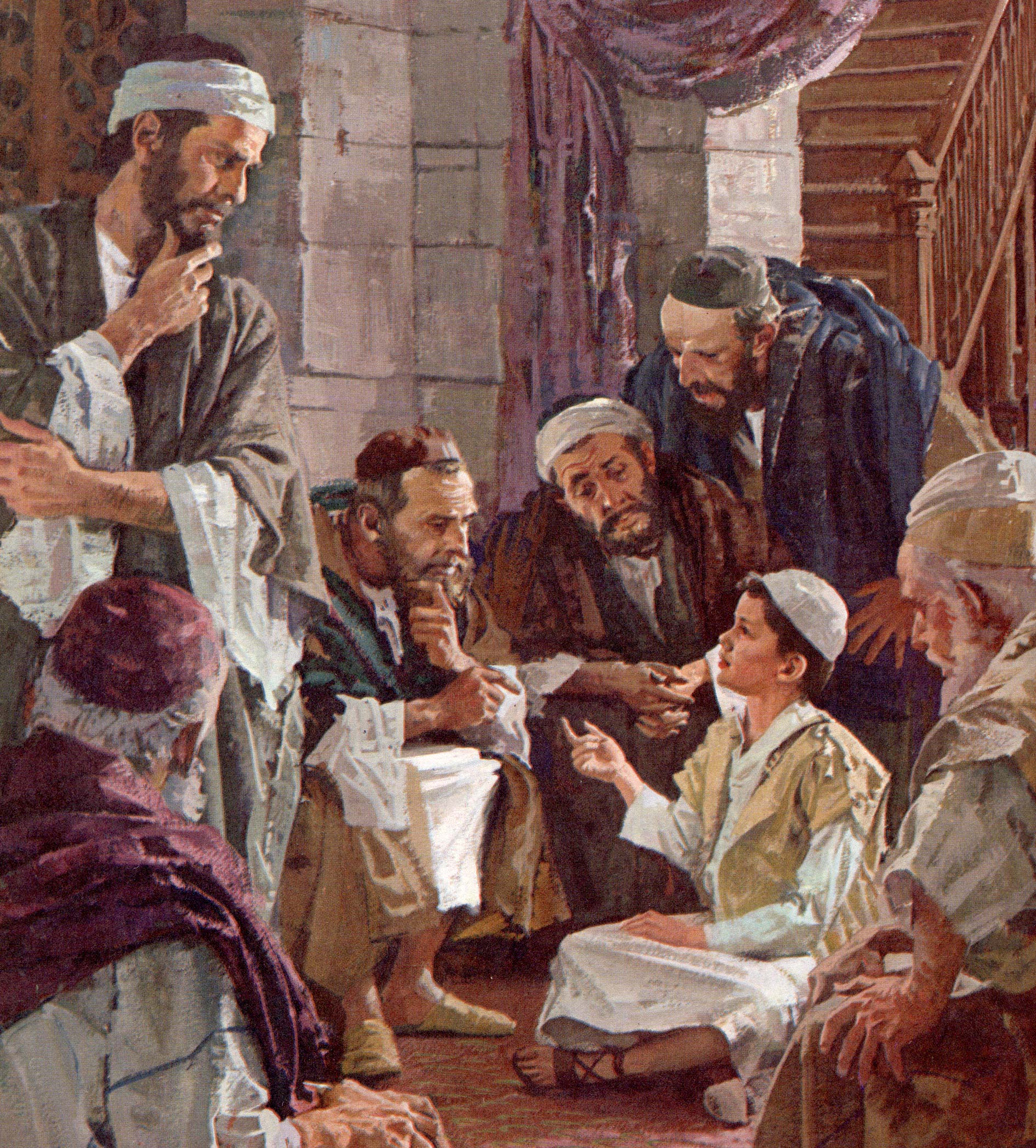 Anderson shows the learned rabbis stroking their whiskers as they thoughtfully weigh the point the boy Jesus is making as He sits in their midst.