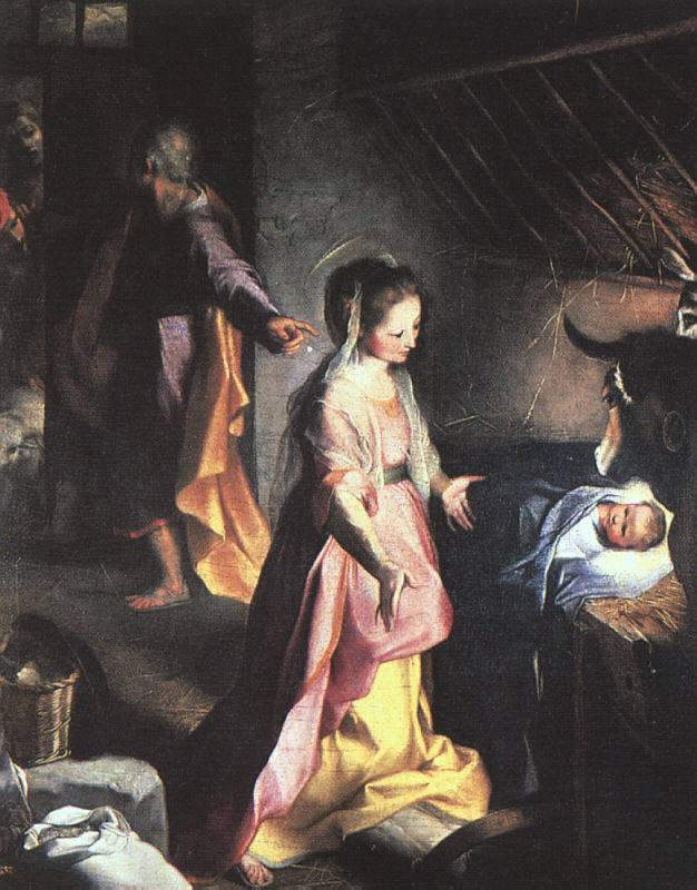 Barocci has Jesus in the manger, His face shining. Mary is adoring Him and Joseph is pointing back at them as he greets the shepherds at the door.