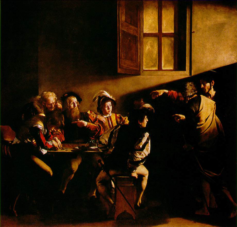 Caravaggio shows Jesus pointing languidly, almost sleepily, toward Matthew. Peter is also gesturing toward Matthew and looking back at Jesus as though to check if He's sure about this. Matthew is pointing to his own chest with a surprised look on his face.