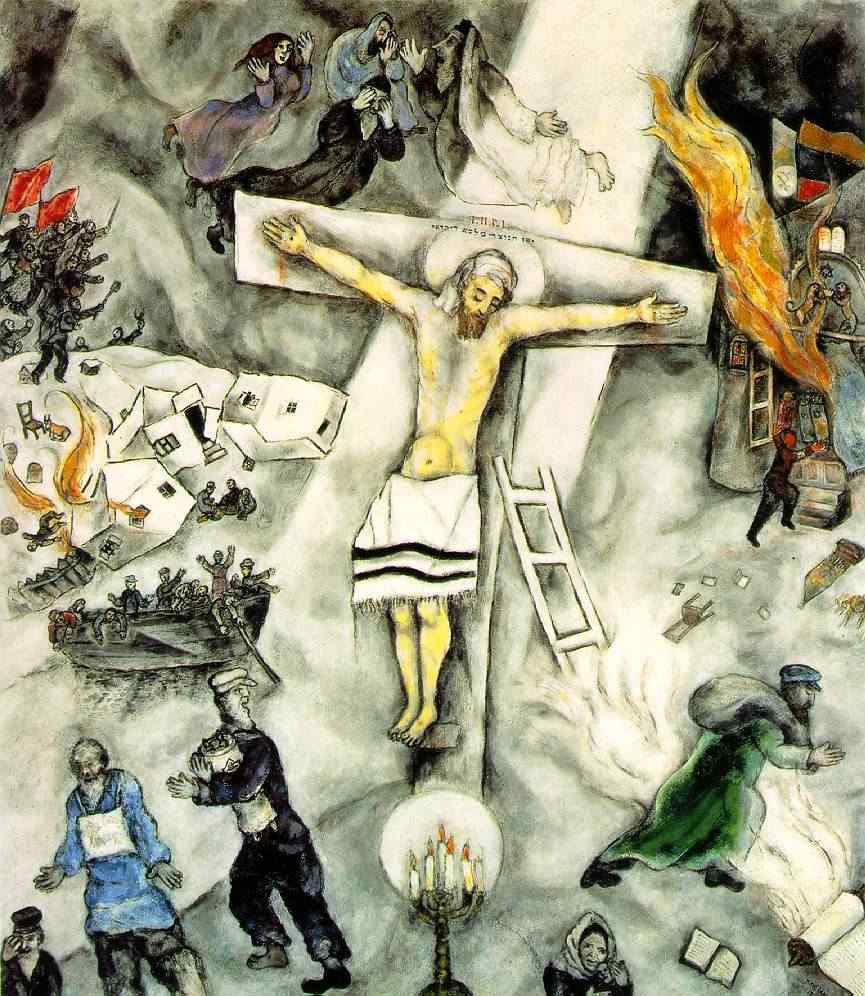 Chagall shows the crucifixion in the midst of scenes from the future of people not knowing what they are doing.