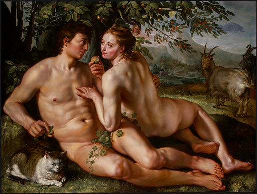 Goltzius' painting shows Adam and Eve reclining at the base of a tree. Eve has already eaten of the forbidden fruit and is offering a bite to Adam. Her eyes are slightly averted and directed upwards as though thinking ahead to the future. Adam is gazing into her eyes with trust and love, though he reveals some apprehension in the set of his mouth.