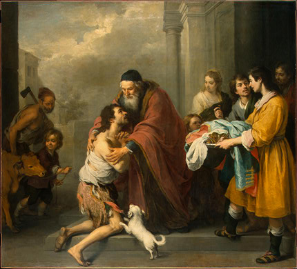 Murillo has the prodigal son kneeling before his father as he bends over to pull his son up to his feet. A puppy is jumping on the boy's knee. In the back we see the older brother looking on wryly, like he has something to say.