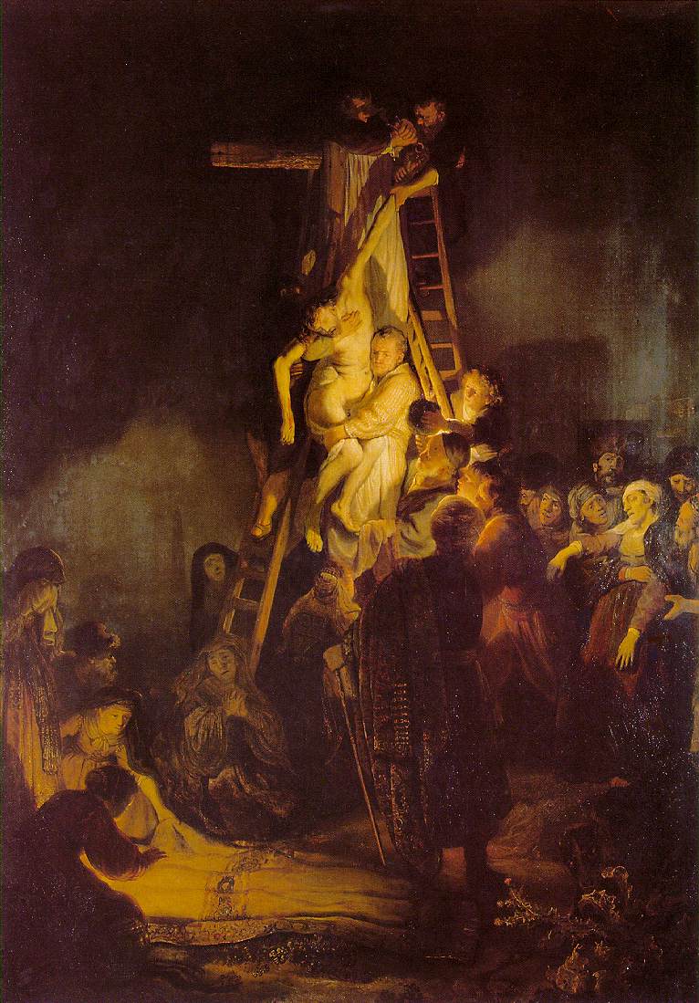 Rembrandt has Joseph of Arimathaea holding Jesus' body as a man on a ladder pulls the nail from His left hand.