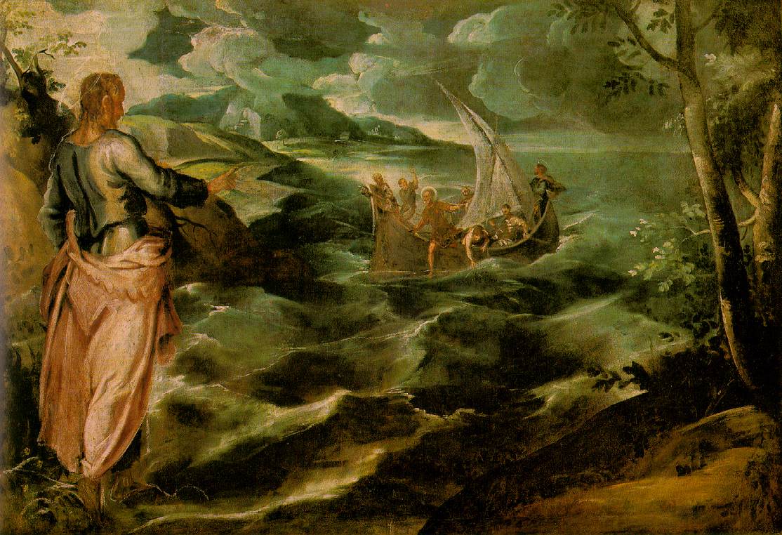Tintoretto shows Jesus walking on the sea as Peter climbs out of the boat to go to Him.