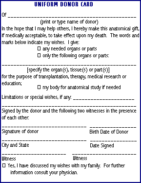 Organ and Tissue Donor Card