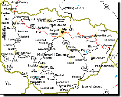 Graphic courtesy of McDowell County's information pages; McDowell County, West Virginia Map; [click on image to visit McDowell County's info pages.]