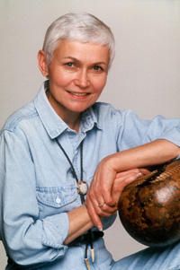 Ruth Andre with one of her Gourd-Weavings