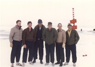 Radio Division at the North Pole! (From left to right):John Webb (Communicator), Steve Lewis, Leroy Alexander, Don Foster, John Carlin and Wally Sedlacek (Navigator).