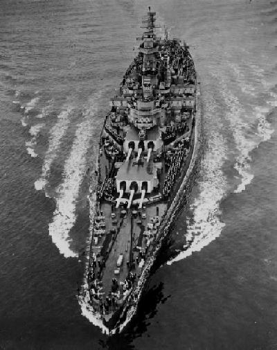 USS Indiana, at quarters, sailing under Golden Gate Bridge, 29 September 1945
