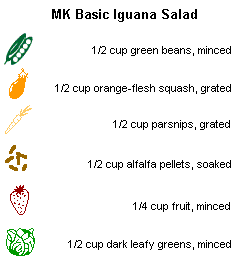 1/2 cup each (leafy greens, greena beans, squash, parsnip, alfalfa pellets) 1/4 cup (fruit)