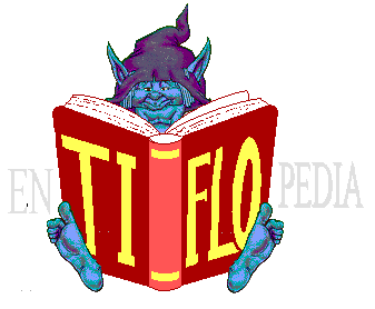 Un simp&aacute;tico duendecillo de grandes orejas,sujeta un grueso libro sobre cuyo lomo puede verse la palabra "TIFLO" escrita en grandes letras amarillas.