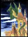 Dragon perched on rooftop of gothic house.