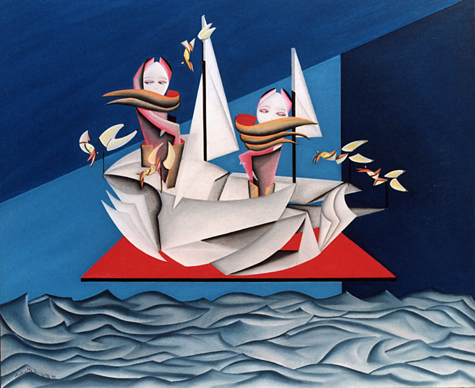In viaggio - olio su masonite, cm.60x70,  A.1999
