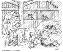 Angels in a stable holding Holy Infant
