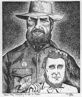 [Ed Abbey contemplating the bust of Thoreau -- by Jim Stiles]