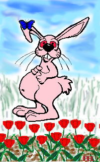 pregnant rabbit in tulip garden - mostly my own creation- b/w .pcx of bunny from Grin Graphics collection. B/w butterfly from Keypublisher.