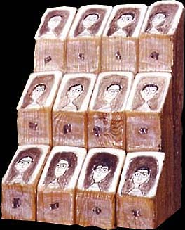 FIGURES  8 x 6 x 4 in. pencil, charcoal, crayons, metal & nails / wood, 1997