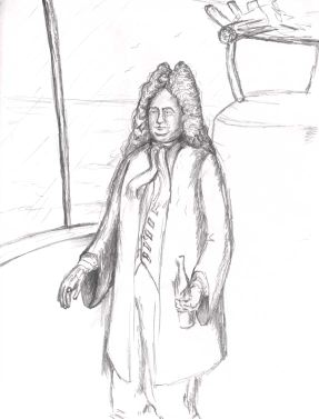 Admiral Shayell poses before the grate upon which burns the Pharos-light, high atop the Old Ixilon tower which he has been commanded to transform into a lighthouse.