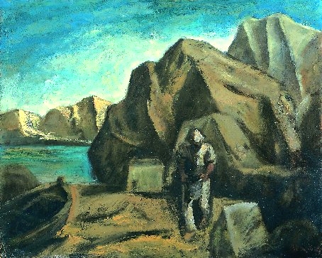 Pescatore con montagne e barca