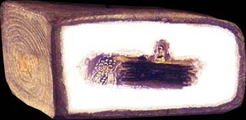 MEETING  3 x 7 x 3 in. pencil, charcoal, crayons / wood, 1997