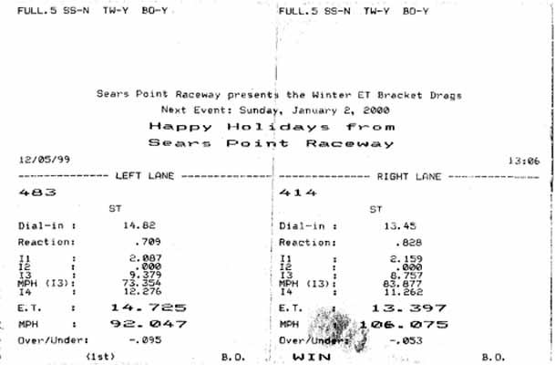 This is my fastest run!  My friend ran a 14.7 against me in his 98 Dakota RT 5.9, not bad for a truck.. but I still beat him :)