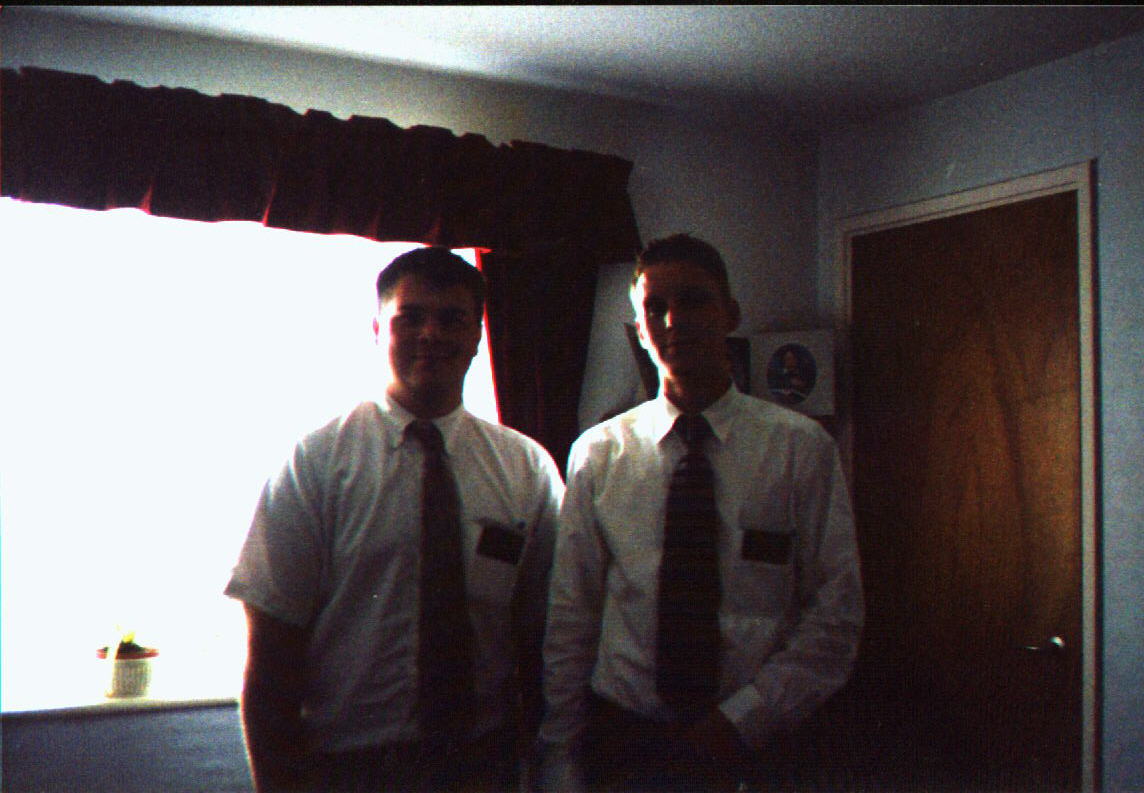 Me and my companion Elder Boyce. Notice the bright white behind us? It's cuz we are good missionaries - June '99