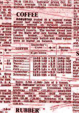 Detail from the Financial Times Commodities index, November 1st, 1978. Fourth line from the bottom, left hand side.