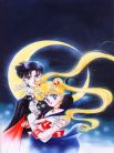 Tuxedo and Sailormoon in front of huge crescent moon