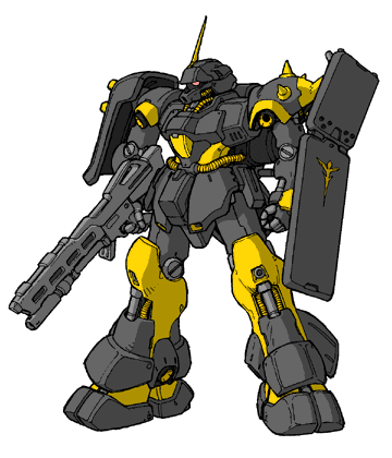 AMS-119 Geara Doga, in Anonymous Pilot #4's personal colors (dark grey, with yellow,) with a Beam Machinegun with a grenade launcher, and a Geara Doga Shield